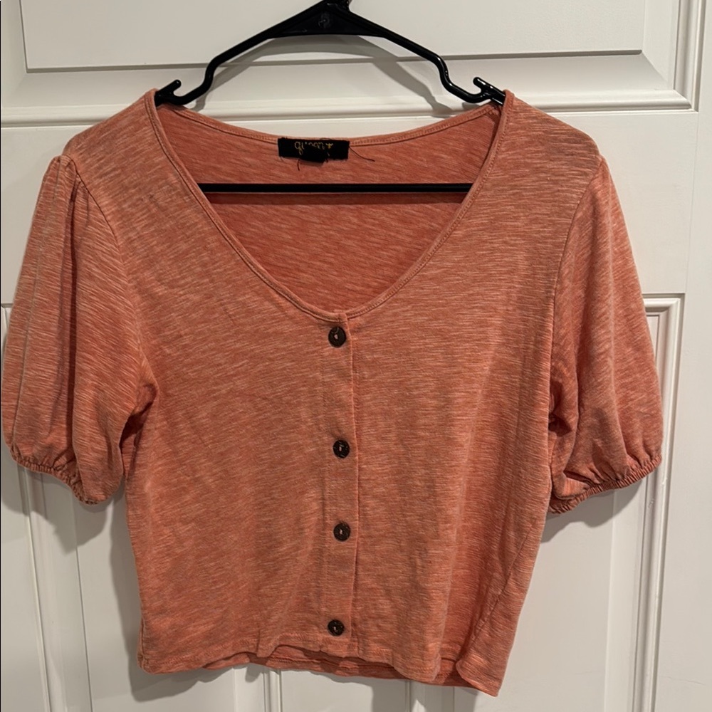 Que Orange Cropped Button Down Shirt Short Sleeves